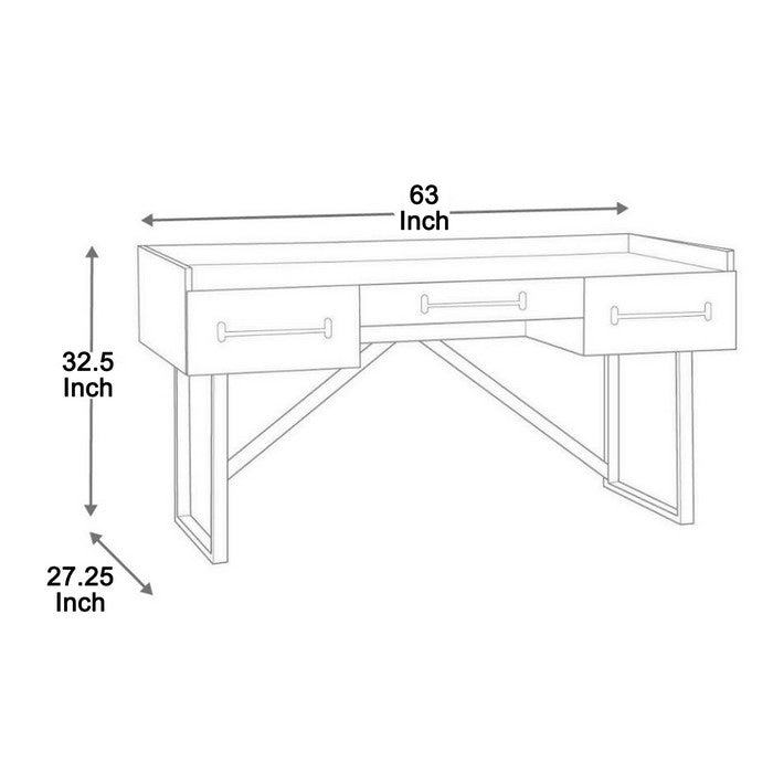 Three Drawers Wooden Desk with Tubular Metal Base and Bar Handles, Brown and Black