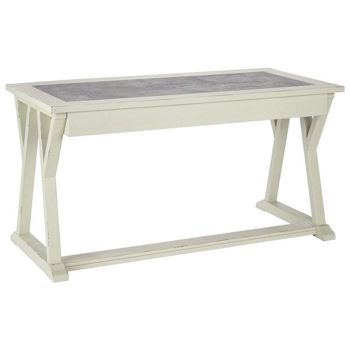 Three Drawers Wooden Desk with Faux Cement Top and Trestle Base, White and Gray