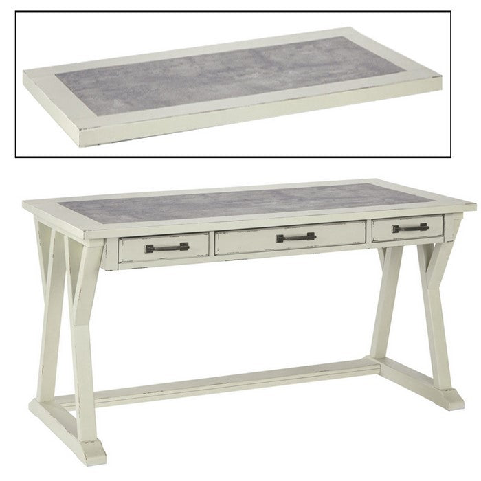 Three Drawers Wooden Desk with Faux Cement Top and Trestle Base, White and Gray