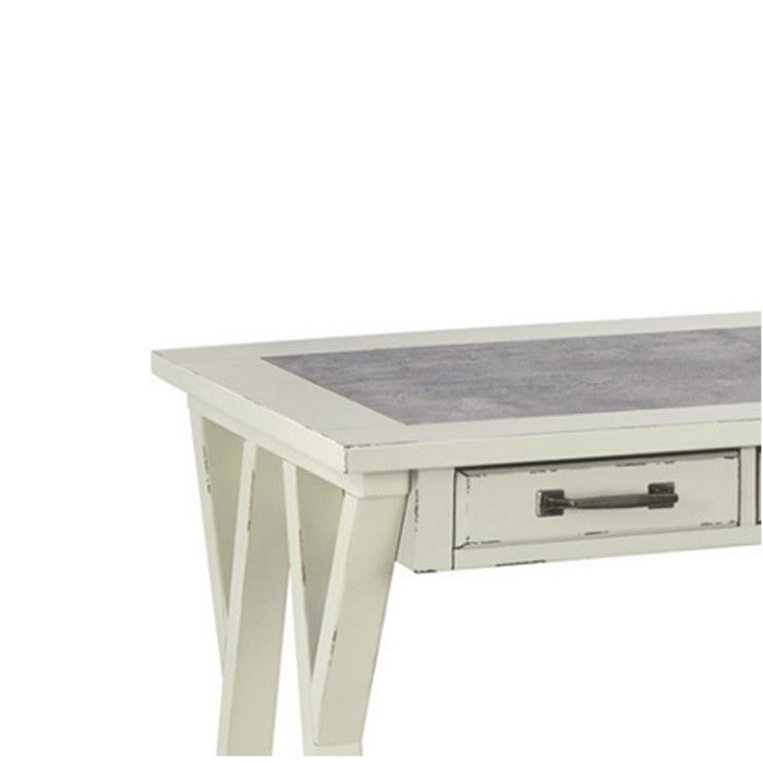 Three Drawers Wooden Desk with Faux Cement Top and Trestle Base, White and Gray