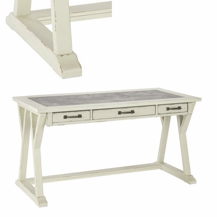 Three Drawers Wooden Desk with Faux Cement Top and Trestle Base, White and Gray