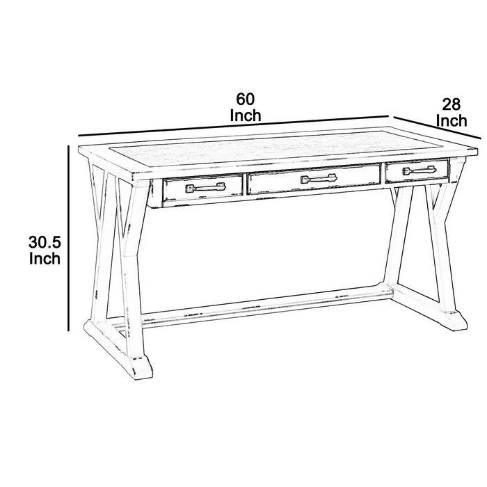 Three Drawers Wooden Desk with Faux Cement Top and Trestle Base, White and Gray