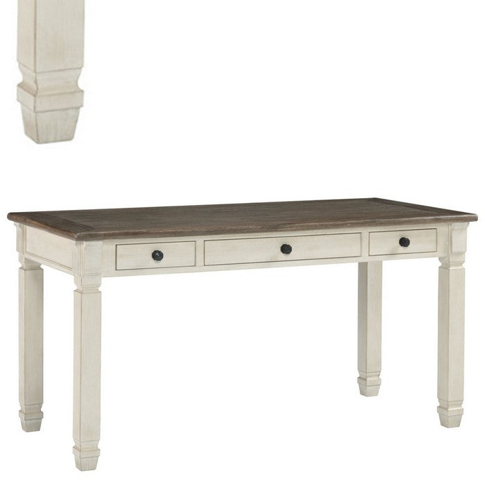 Three Drawer Wooden Desk with Plank Style Top, Brown and White