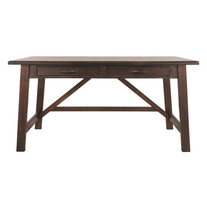 Two Drawers Wooden Desk with Cross Stretcher Brace Design, Large, Brown