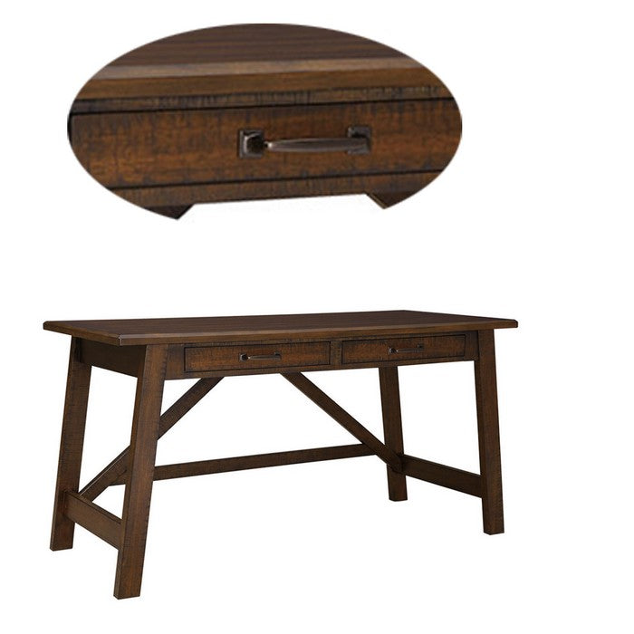 Two Drawers Wooden Desk with Cross Stretcher Brace Design, Large, Brown