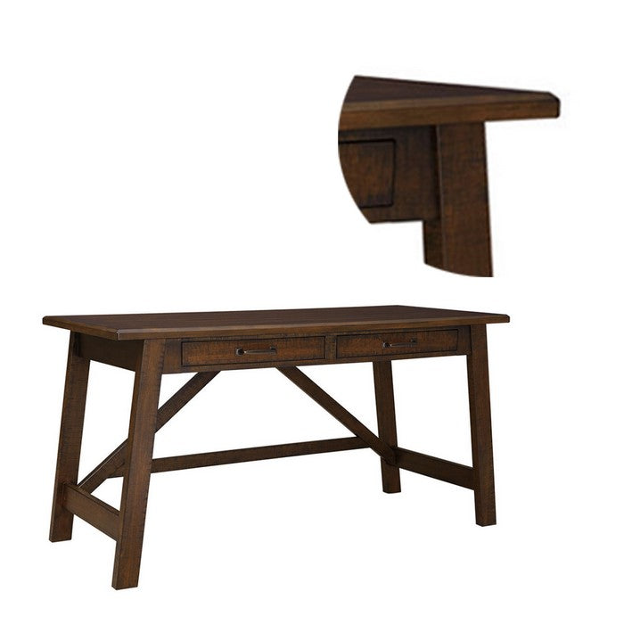 Two Drawers Wooden Desk with Cross Stretcher Brace Design, Large, Brown