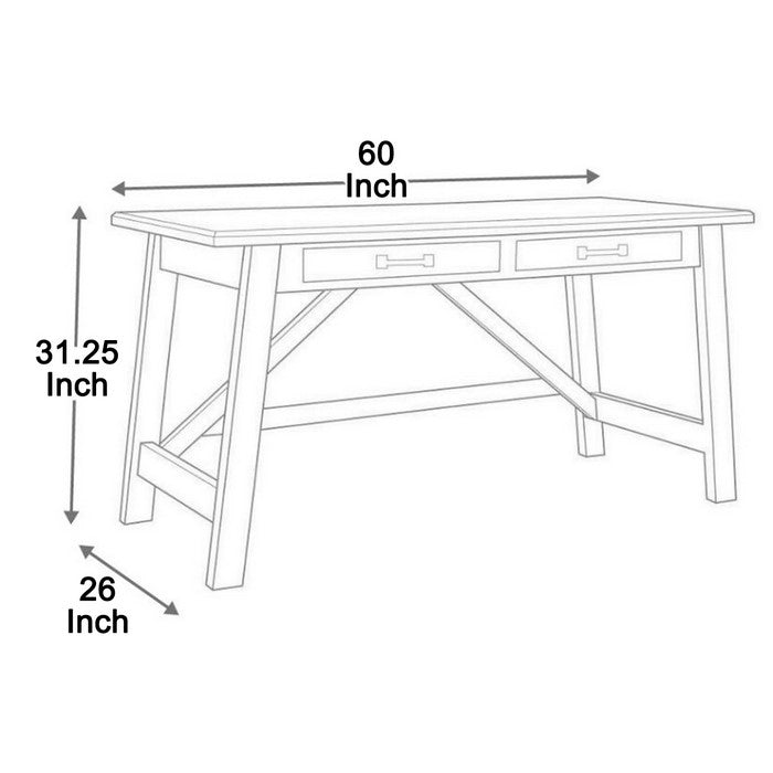 Two Drawers Wooden Desk with Cross Stretcher Brace Design, Large, Brown