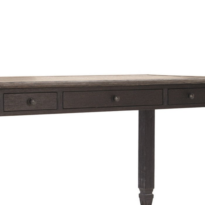 Two Tone Wooden Desk with Turned Legs and Three Drawer, Brown and Gray