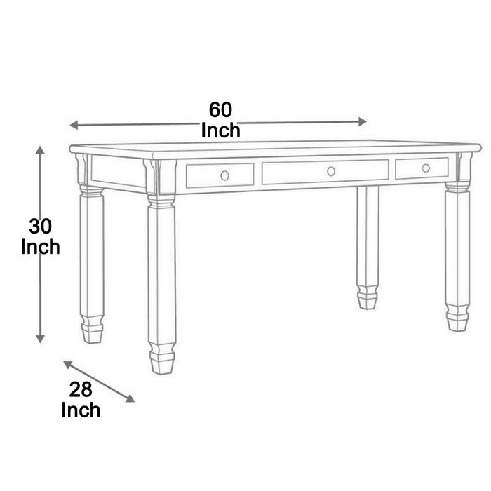 Two Tone Wooden Desk with Turned Legs and Three Drawer, Brown and Gray