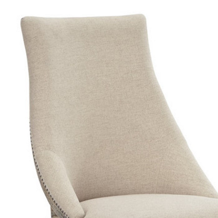 Wooden Framed Polyester Upholstered Swivel Chair with Nail Head Trim Accents, Beige and Black