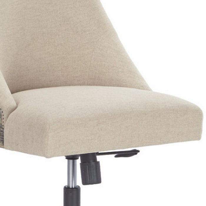 Wooden Framed Polyester Upholstered Swivel Chair with Nail Head Trim Accents, Beige and Black