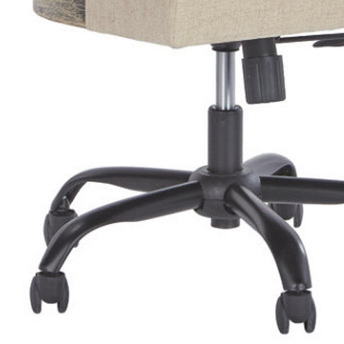 Wooden Framed Polyester Upholstered Swivel Chair with Nail Head Trim Accents, Beige and Black