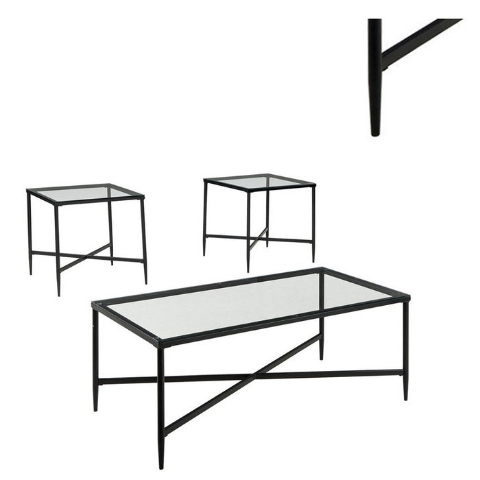Metal Framed Table Set with Glass Top and Cross Bar Stretcher, Set of Three, Black and Clear