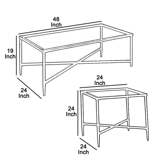 Metal Framed Table Set with Glass Top and Cross Bar Stretcher, Set of Three, Black and Clear