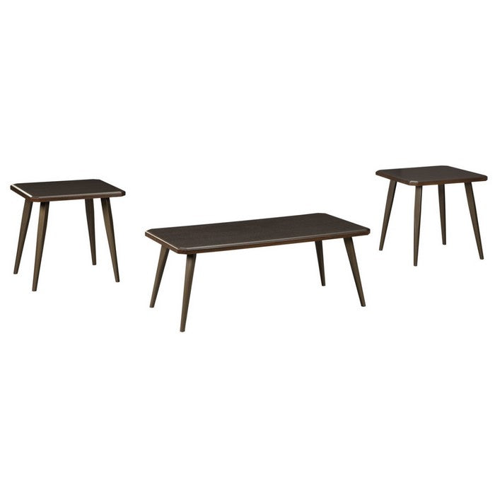 Wooden Table Set with Beveled Edges and Tapered Bottom, Set of Three, Dark Brown