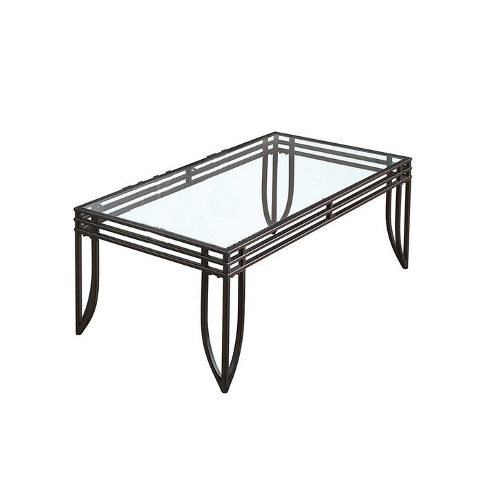 Glass Inserted Metal Table Set with Tubular Framing, Set of Three, Black and Clear