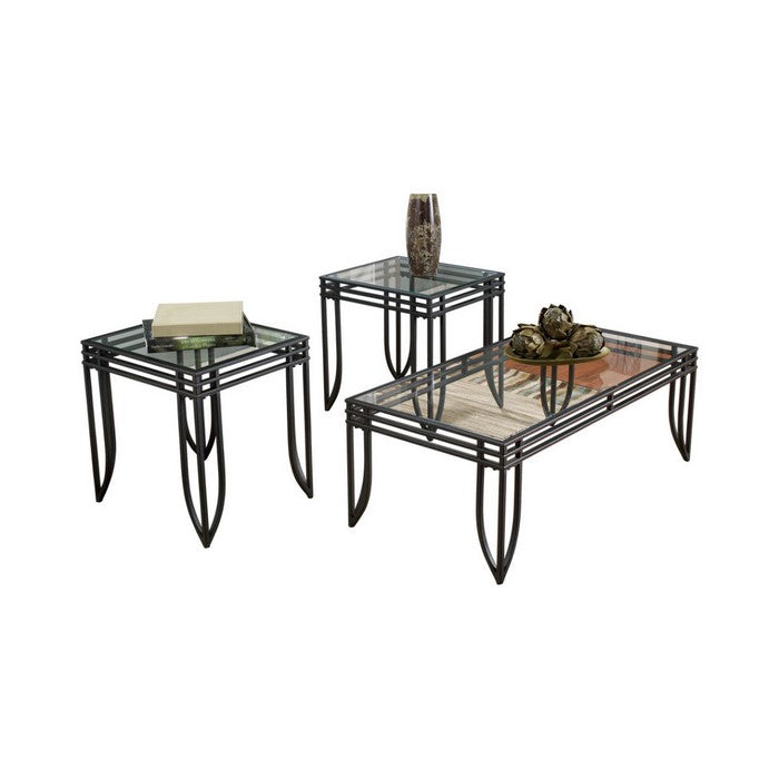 Glass Inserted Metal Table Set with Tubular Framing, Set of Three, Black and Clear