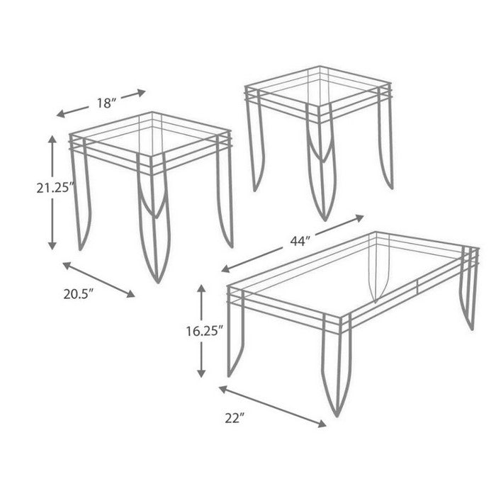 Glass Inserted Metal Table Set with Tubular Framing, Set of Three, Black and Clear