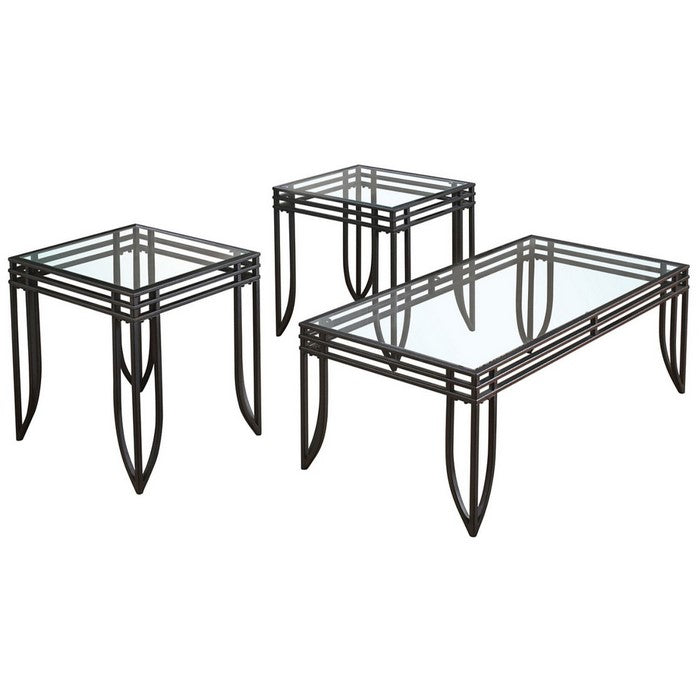 Glass Inserted Metal Table Set with Tubular Framing, Set of Three, Black and Clear