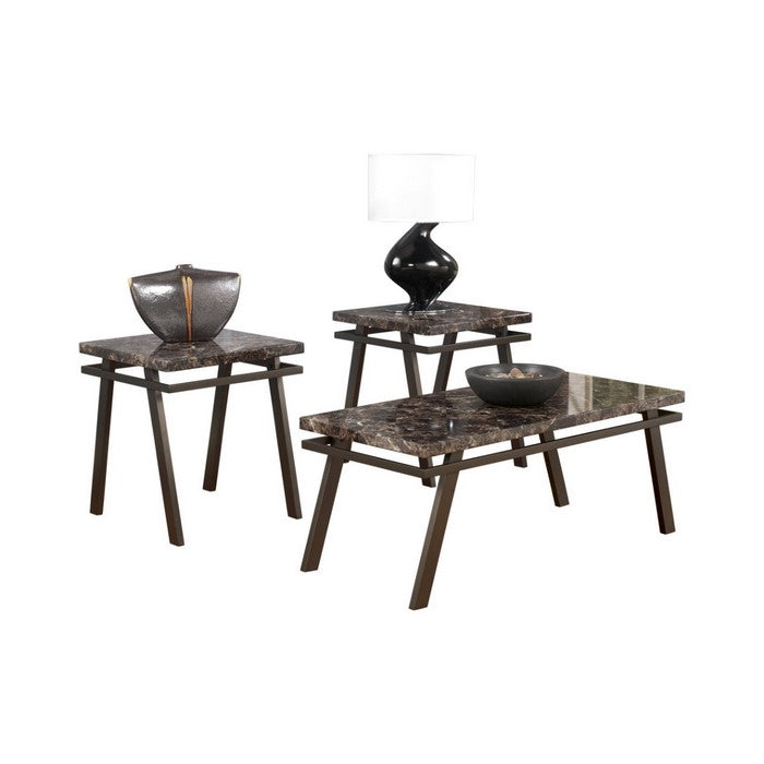 Faux Marble Top Table Set with Flared Metal Legs, Set of Three, Brown and Black
