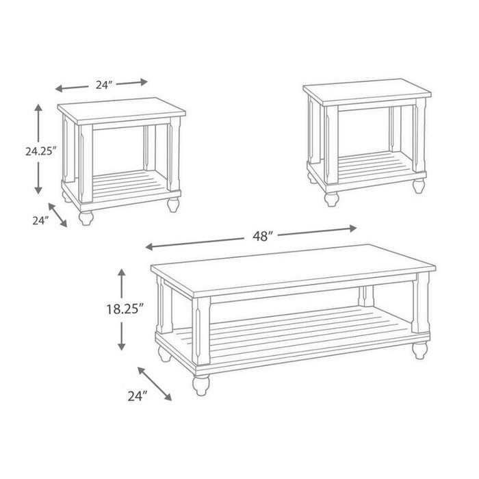 Plank Style Wooden Table Set with Slatted Lower Shelf and Bun Feet, Set of Three, Black