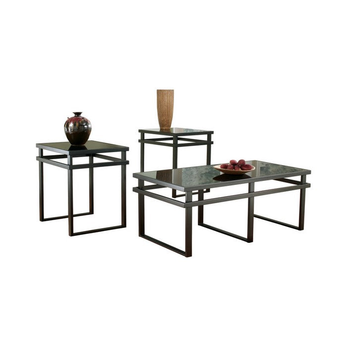 Metal Framed Table Set with Beveled Glass Top and Sled Legs, Set of Three, Black