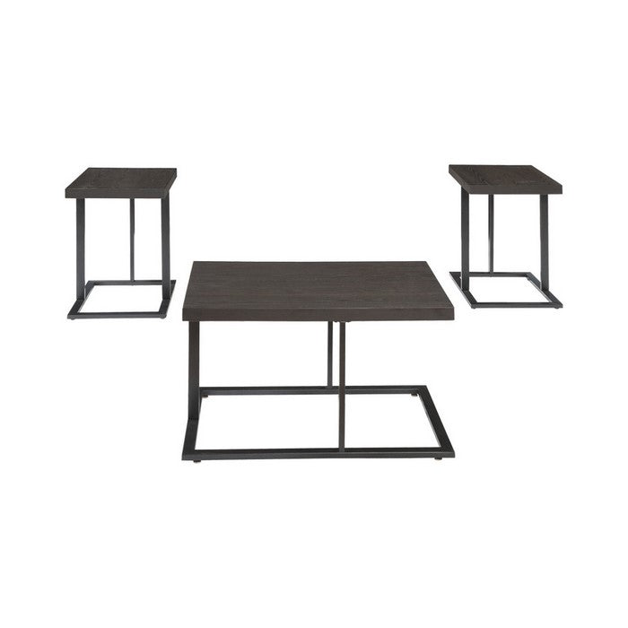 Metal Base Table Set with Floating Wooden Top, Set of Three, Black