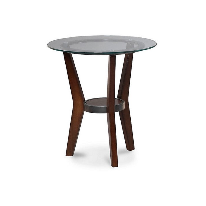 Round Wooden Table Set with Glass Top and Lower Shelf, Set of Three, Brown and Clear