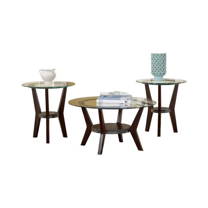 Round Wooden Table Set with Glass Top and Lower Shelf, Set of Three, Brown and Clear