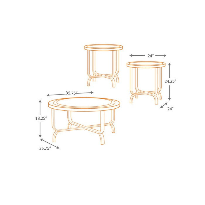 Round Wooden Table Set with Crossbar Metal Base, Set of Three, Brown and Black