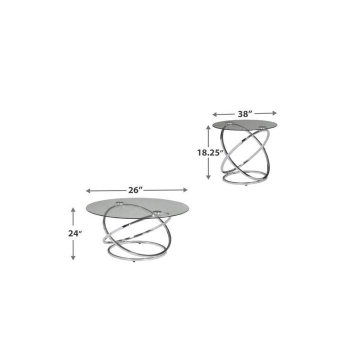 Contemporary Glass Top Table Set with Metal Rings Base, Clear and Silver