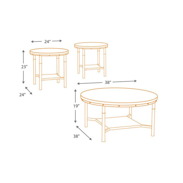 Industrial Style Round Wooden Table Set with Tubular Metal Base, Set of Three, Brown and Gray