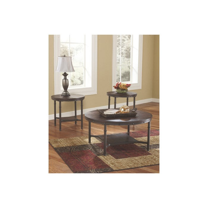Industrial Style Round Wooden Table Set with Tubular Metal Base, Set of Three, Brown and Gray