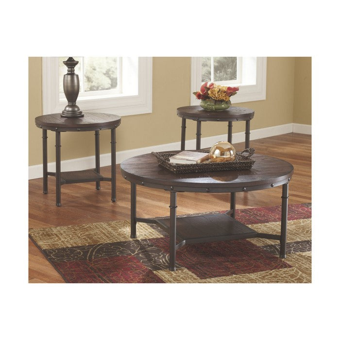 Industrial Style Round Wooden Table Set with Tubular Metal Base, Set of Three, Brown and Gray
