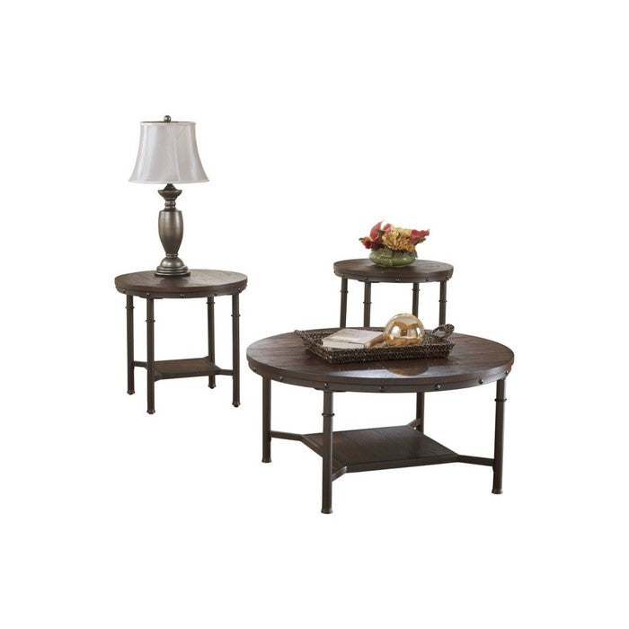 Industrial Style Round Wooden Table Set with Tubular Metal Base, Set of Three, Brown and Gray