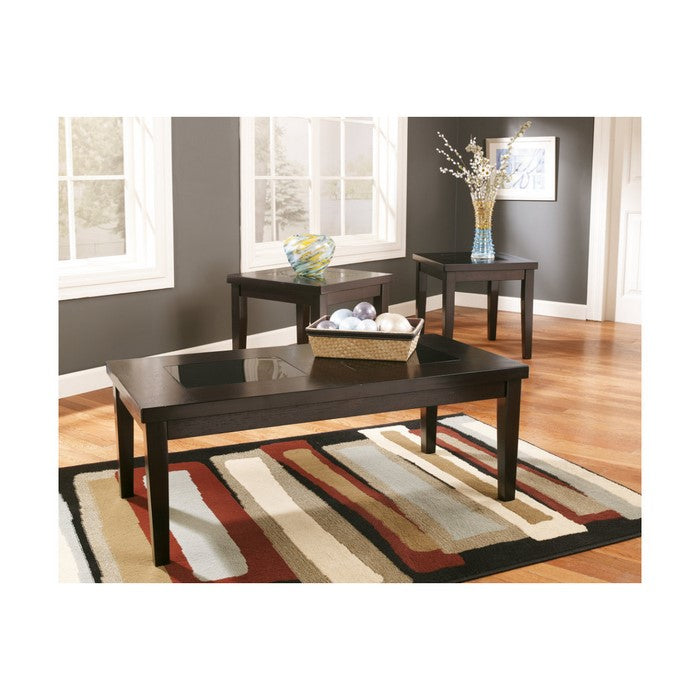 Wooden Table Set with Tempered Glass Inserted Top, Set of Three, Brown