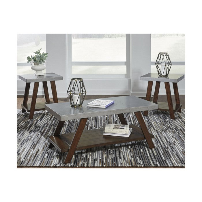 Faux Tin and Wooden Table Set with Plank Style Lower Shelf, Set of Three, Brown and Silver