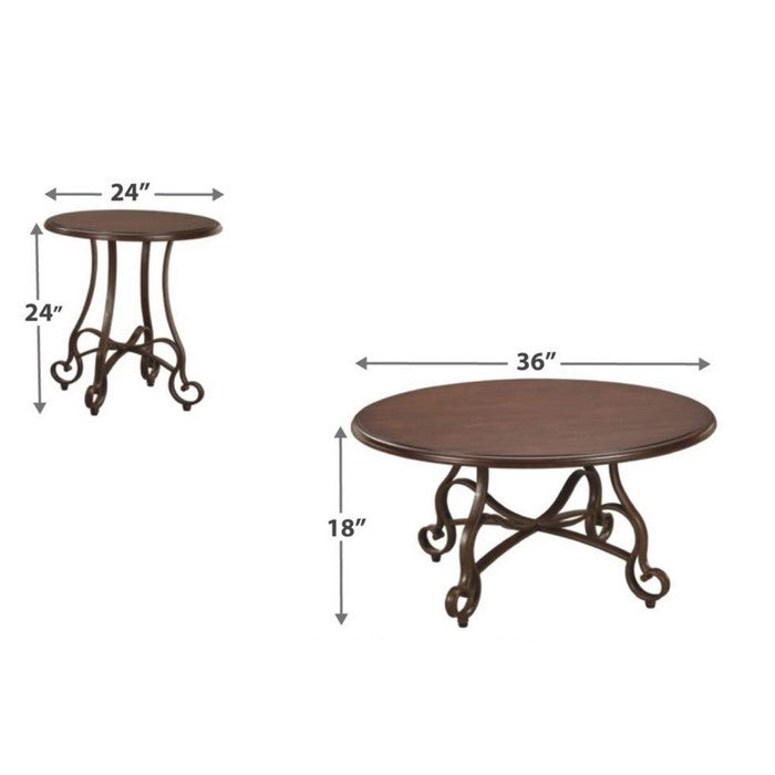 Scrolled Metal Base Tables with Round Wooden Top, Set of Three, Brown and Bronze
