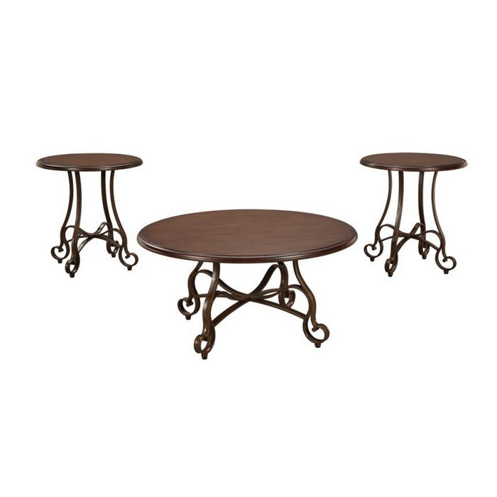 Scrolled Metal Base Tables with Round Wooden Top, Set of Three, Brown and Bronze