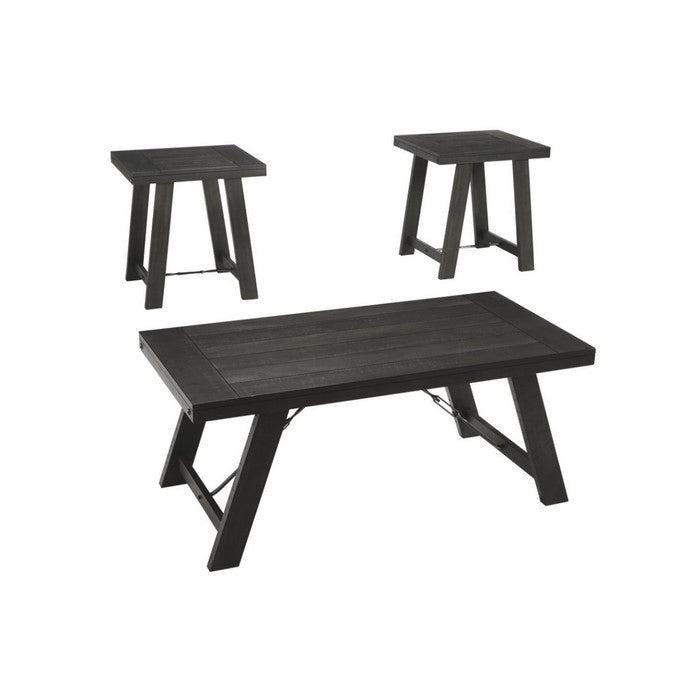 Plank Style Acacia Wood Table Set with Canted Legs, Set of Three, Black