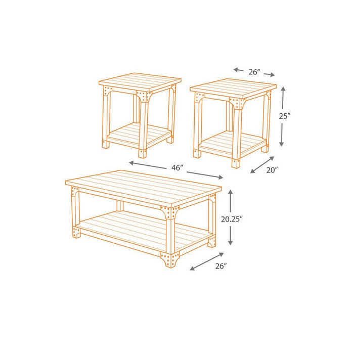 Wooden Table Set with Lower Shelf and Metal Brackets, Set of Three, Brown and Gray