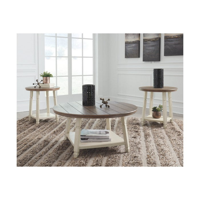 Farmhouse Style Oak Wood Table Set with Canted Legs and Lower Shelf, Set of Three, White and Brown