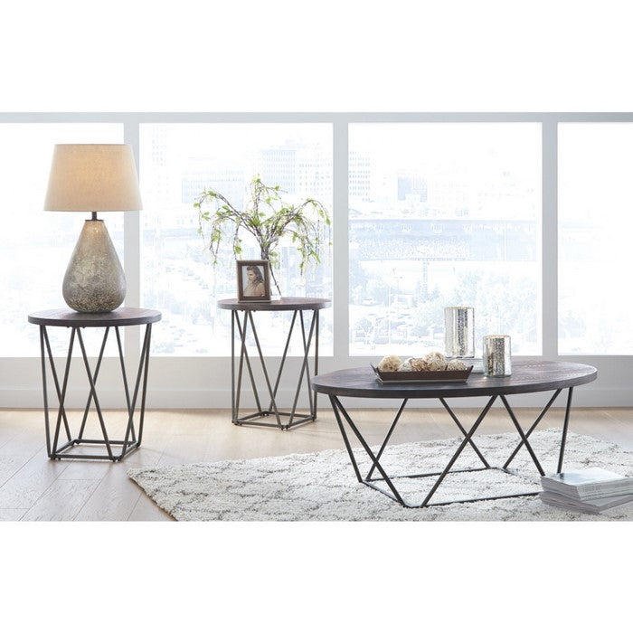 Elm Wood Table Set with Bridge Truss Metal Base, Set of Three, Brown and Gray