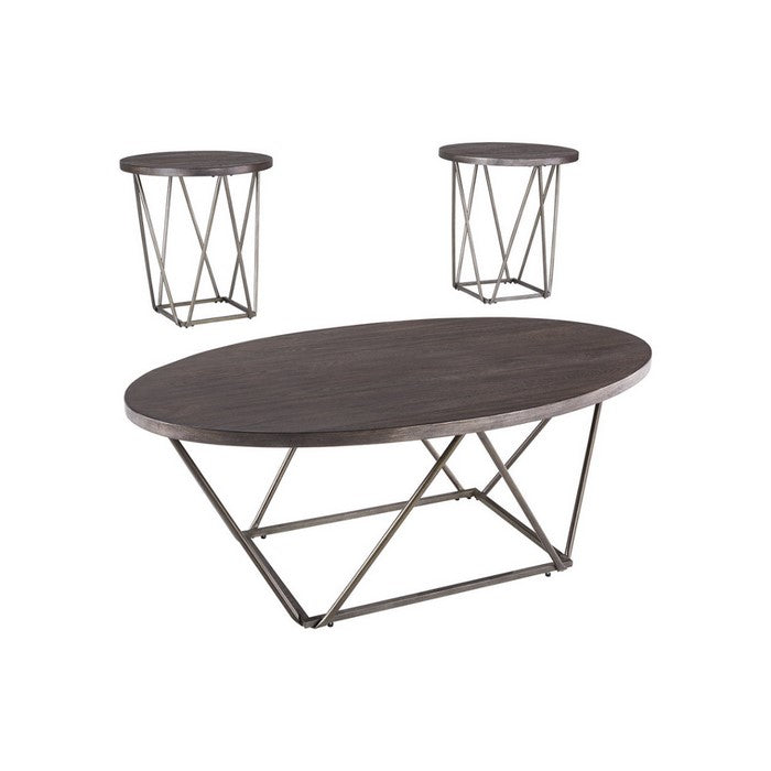 Elm Wood Table Set with Bridge Truss Metal Base, Set of Three, Brown and Gray