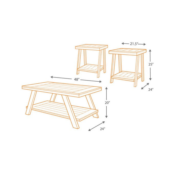 Plank Style Wooden Table Set with Trestle Base and Lower Shelf, Set of Three, Brown