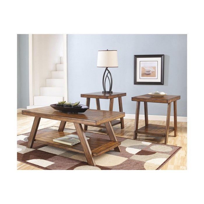 Plank Style Wooden Table Set with Trestle Base and Lower Shelf, Set of Three, Brown