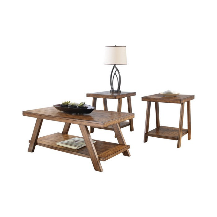 Plank Style Wooden Table Set with Trestle Base and Lower Shelf, Set of Three, Brown