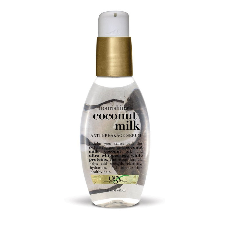 OGX Anti-Breakage Serum Nourishing Coconut Milk, (1) 4 Ounce Pump Bottle, Paraben Free, Sulfate Free, Sustainable Ingredients, Strengthening, Protective, Hydrating