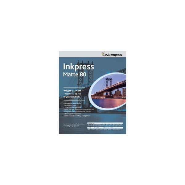 Inkpress Duo Matte 80 Inkjet Paper, 215 gsm Weight, 12 mil Thickness, 95% Brightness, Double Sided, 11x17", 100 Sheets