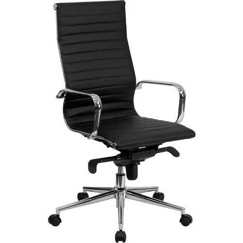 Flash Furniture High Back Black Ribbed Leather Executive Swivel Chair with Knee-Tilt Control and Arms